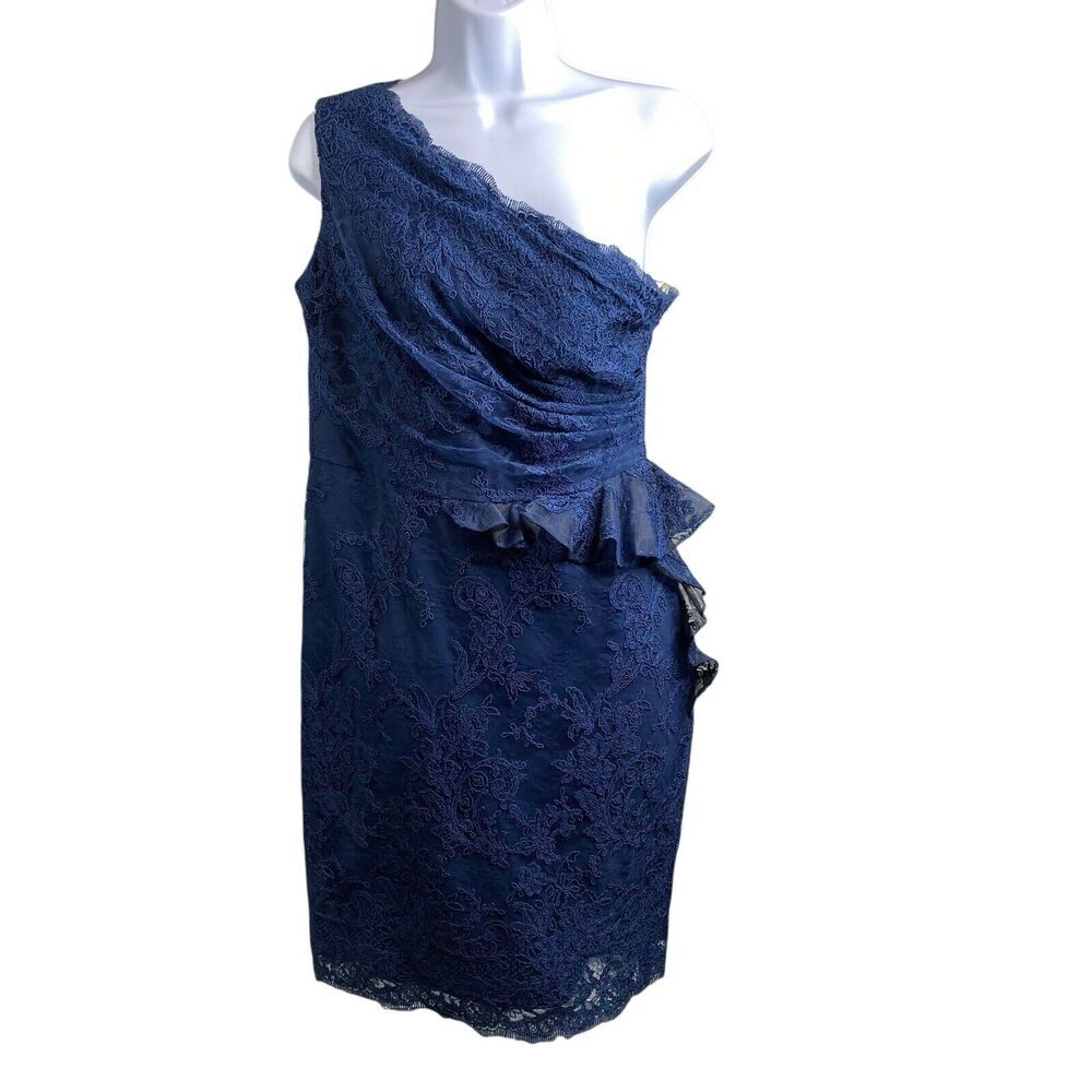 Marchesa Notte Women's Navy Lace One Shoulder Bodycon Dress Size 10‎ Party Chic